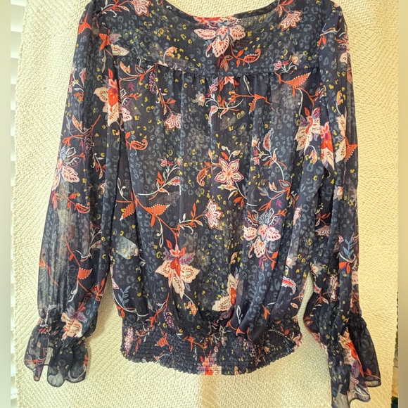 Democracy | Flowy Semi-Sheer Long Blouson Sleeve Blouse with Smocked Hem M… - Picture 4 of 10